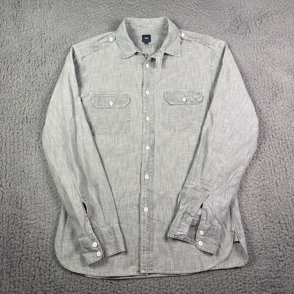 Gap Chambray Work Shirt Mens M Gray Pockets Chin Strap Vintage 30s 40s Style - Picture 2 of 9